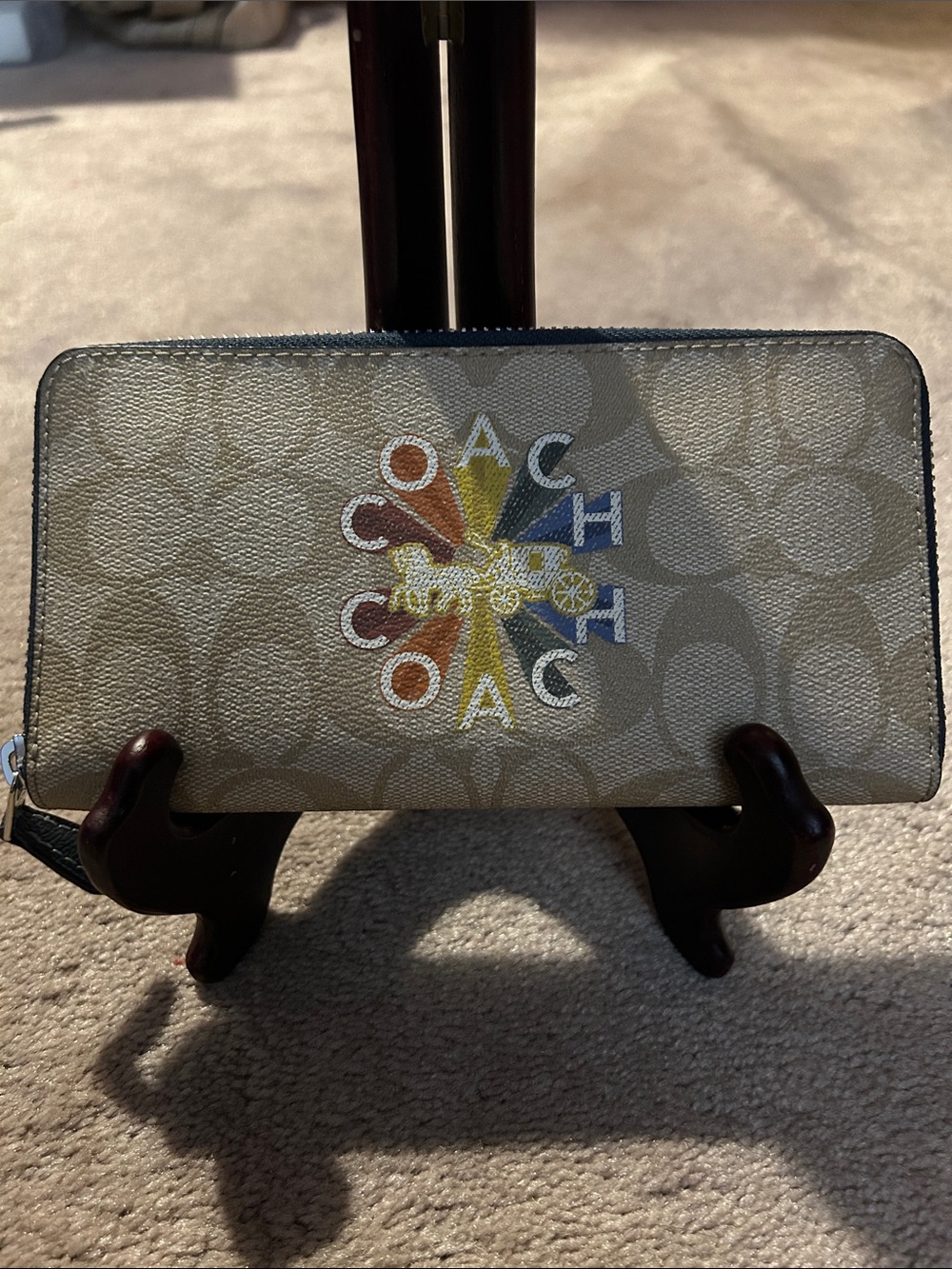 Coach 2019 Radial Rainbow Long Wallet in Signature Jacquard and Navy Leather EUC